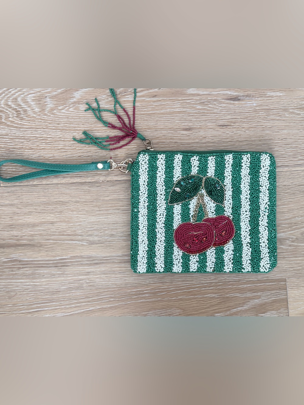 Sincerely Jules Green & White Striped Beaded Wristlet with Red Cherry Appliqué